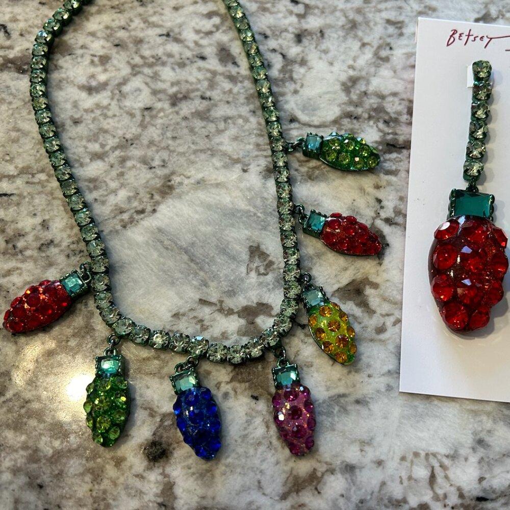 BETSEY JOHNSON SET Christmas Jingle Bell Bling Bulbs Necklace & Earrings NWT